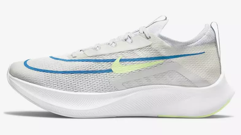 Side view of the Nike Zoom Fly 4 in the white, platinum, blue and lime colourway