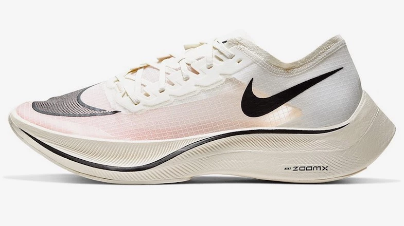 Side view of the Nike Vaporfly in the sail and black limited edition colourway